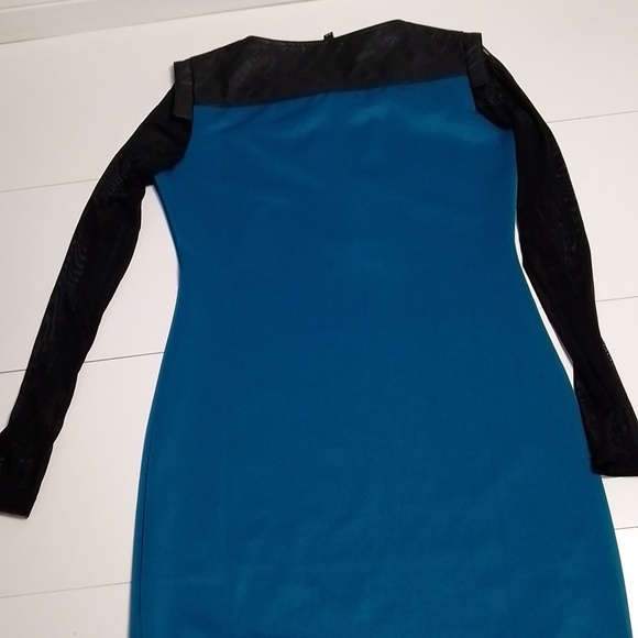 Oze dress bodycon teal mesh sleeves faux leather trim size  medium - Picture 7 of 7